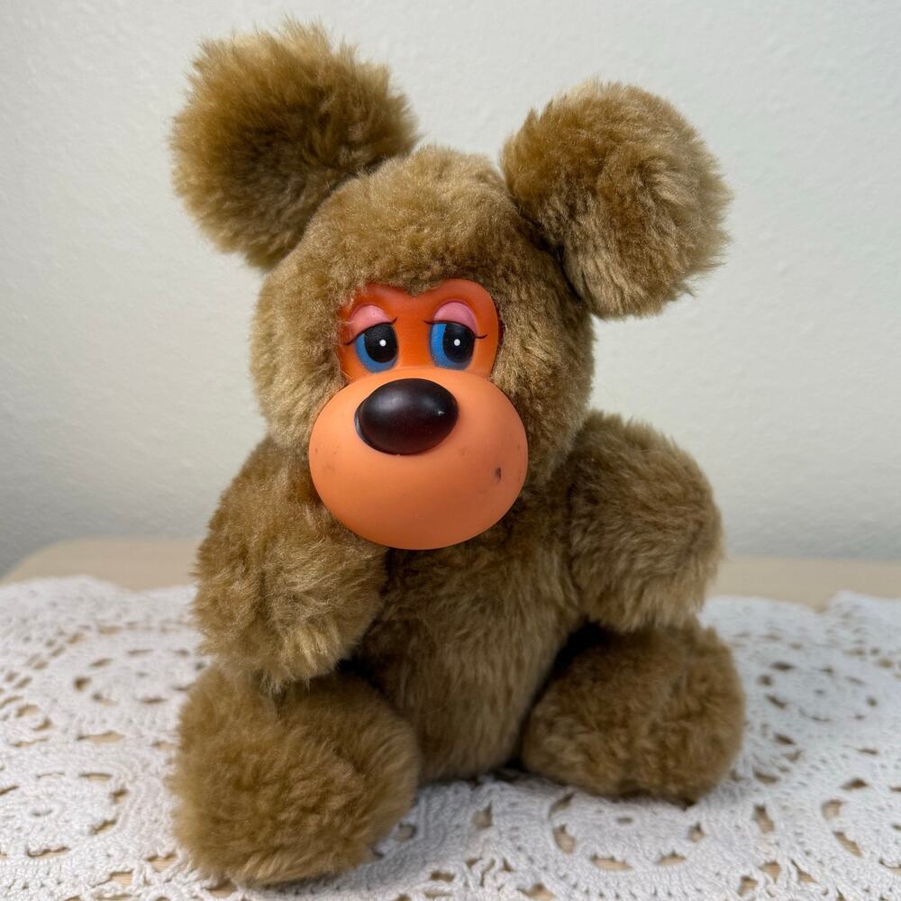 Vintage Russ Berrie Barney Bear Plastic Vinyl Rubber Face Plush Stuffed Animal